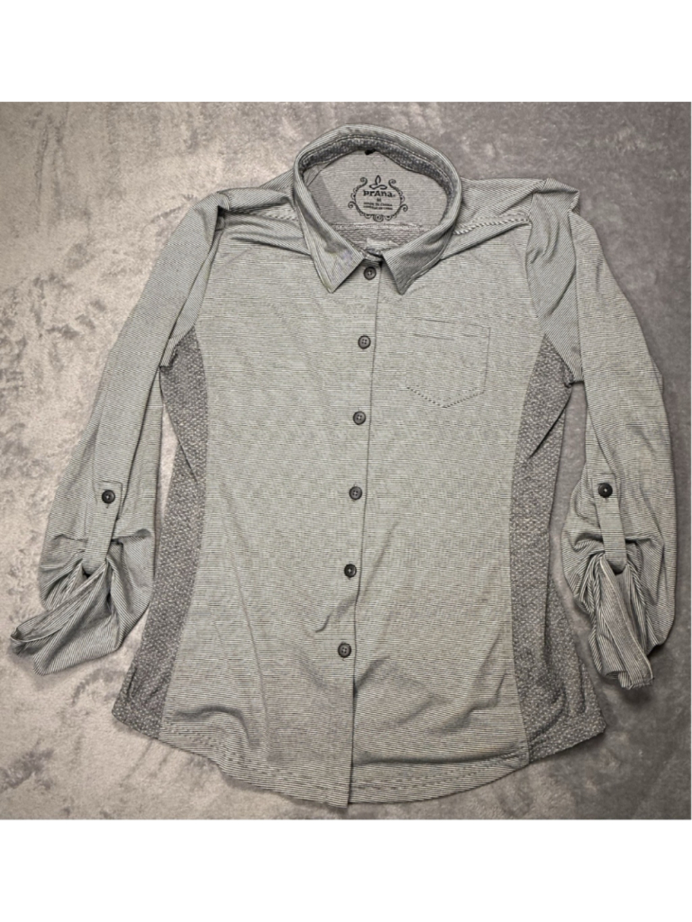 Prana Kinley Shirt Womens Grey Stretch Mini Striped Button Down Size Medium